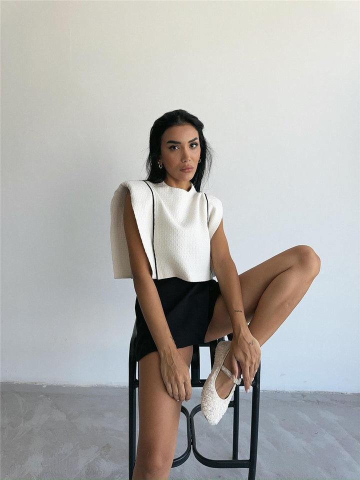 Padded Piping Detail Crop Blouse White