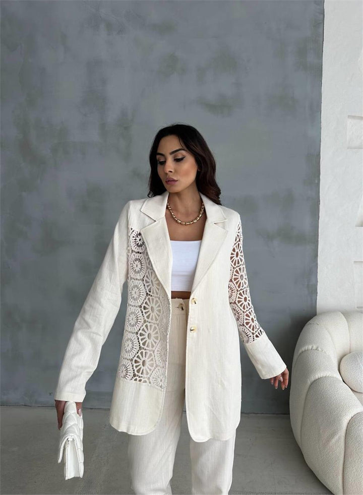 Lace Piece Linen Jacket Suit - Ecru