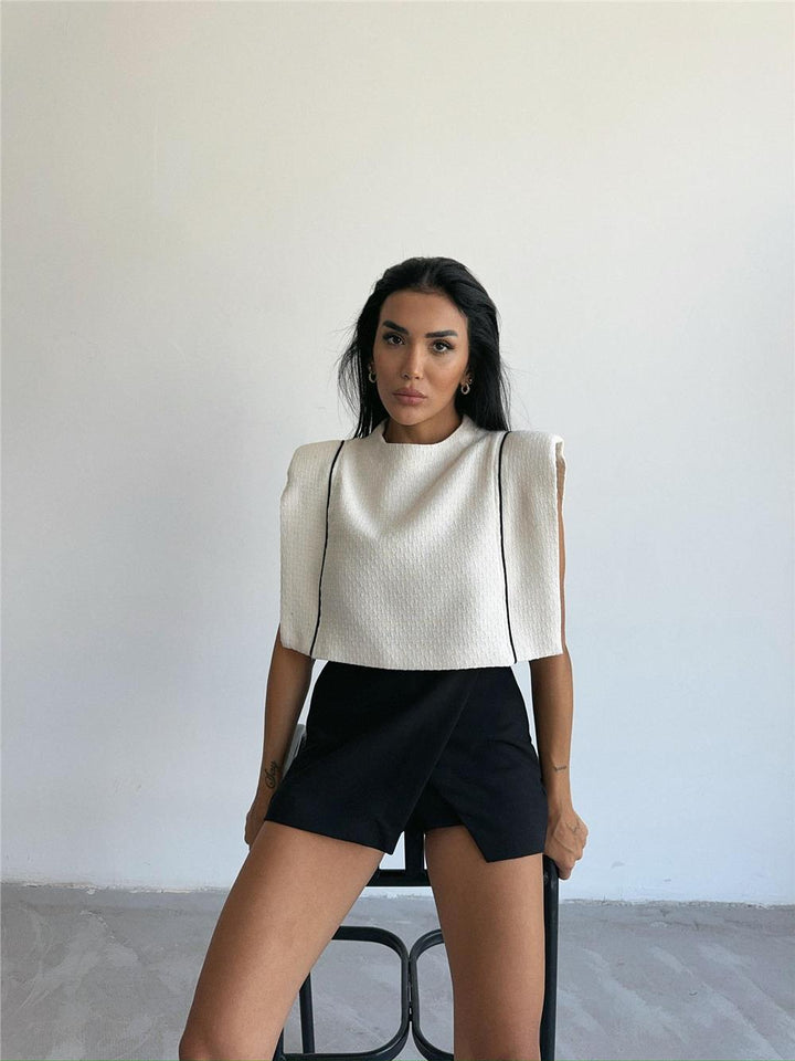Padded Piping Detail Crop Blouse White