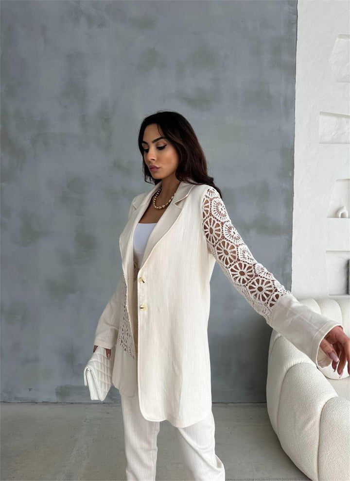 Lace Piece Linen Jacket Suit - Ecru