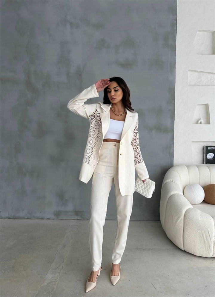 Lace Piece Linen Jacket Suit - Ecru