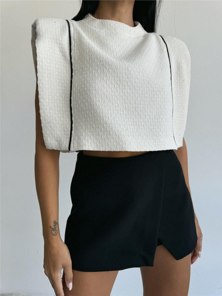 Padded Piping Detail Crop Blouse White