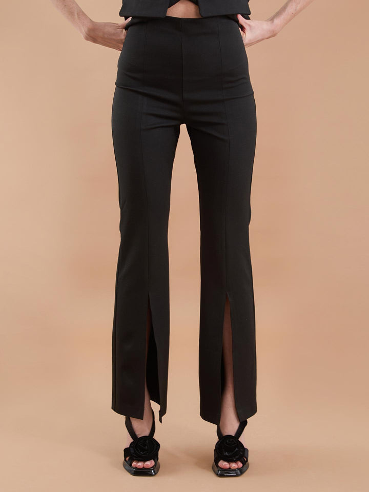 Flare Slit Detail High Waist Fabric Pants Black