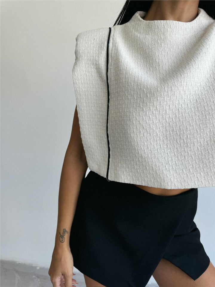 Padded Piping Detail Crop Blouse White