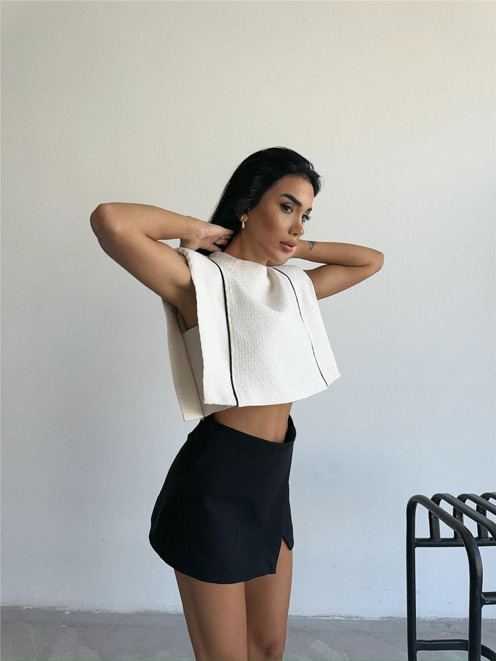 Padded Piping Detail Crop Blouse White