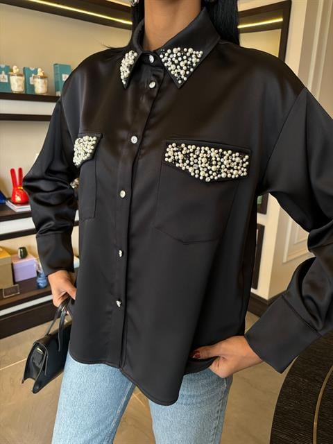 Satin Shirt With Collar And Pocket Pearls - Black