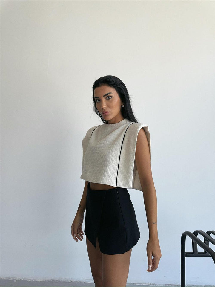 Padded Piping Detail Crop Blouse White