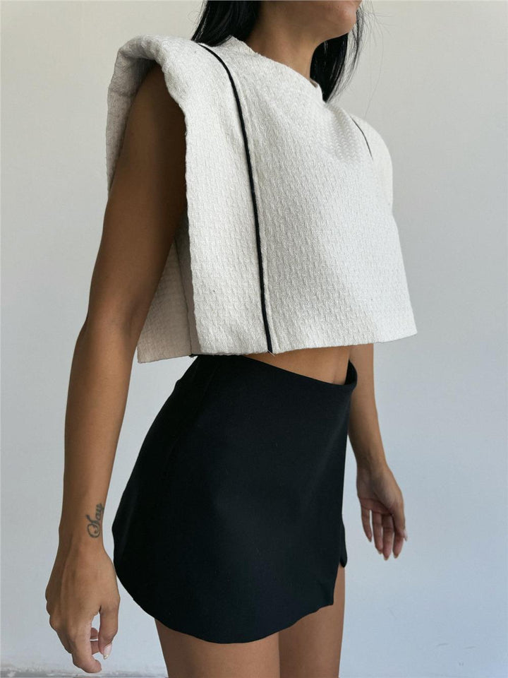 Padded Piping Detail Crop Blouse White