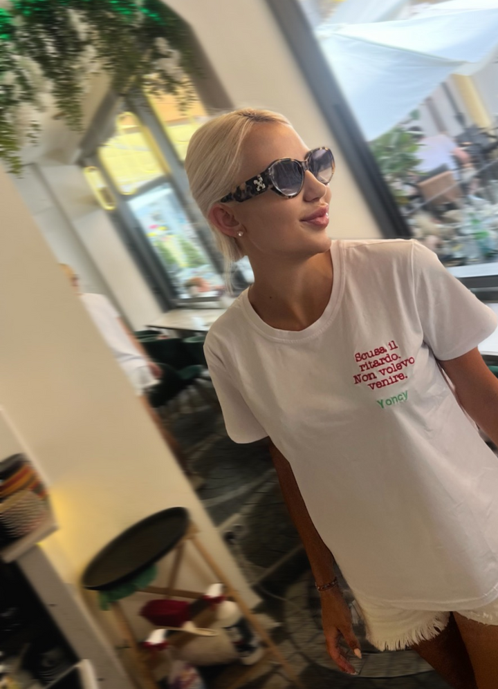 T-shirt "Scusa in ritardo, non volevo venire"
