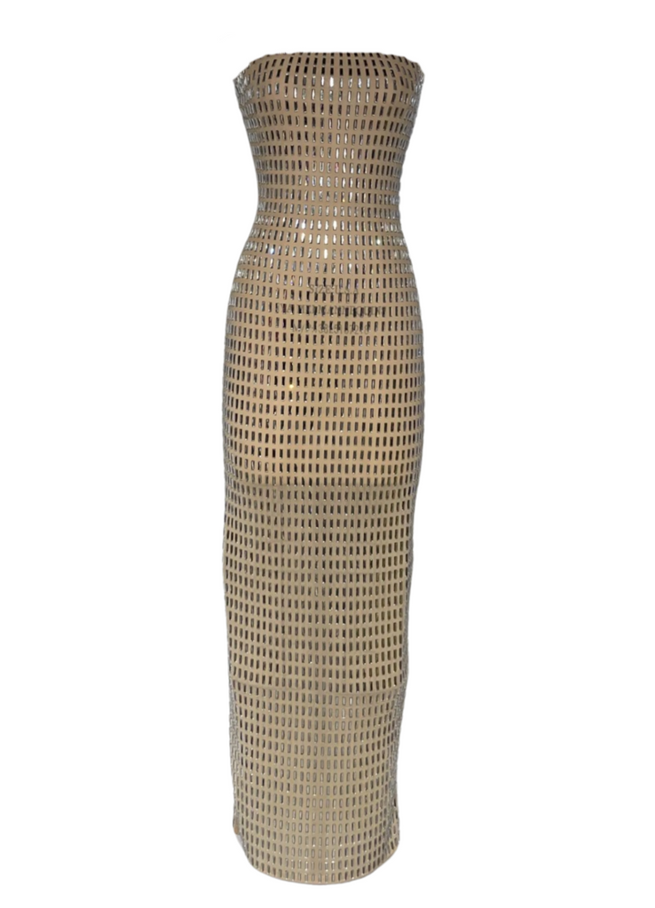 RADAMENSILY Champagne Diamond Off Shoulder Dress