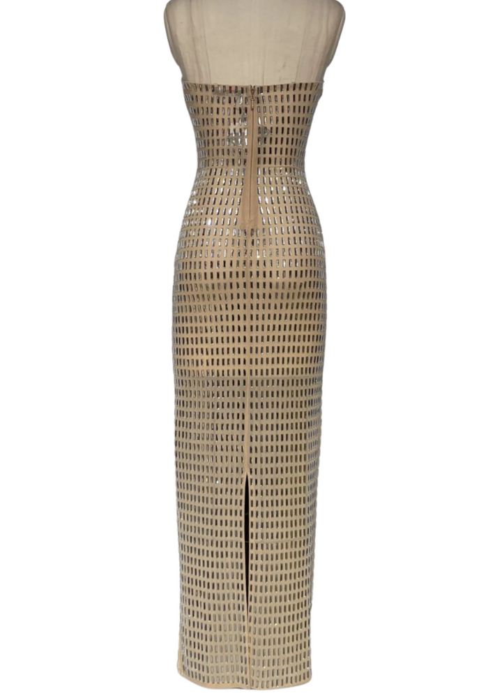 RADAMENSILY Champagne Diamond Off Shoulder Dress