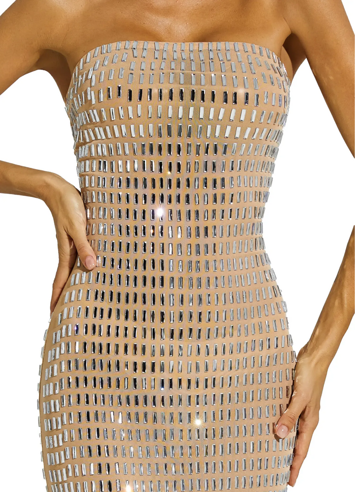 RADAMENSILY Champagne Diamond Off Shoulder Dress