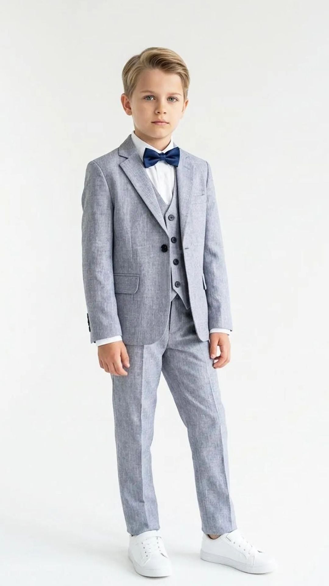 Boys’ Navy & White Mélange 4-Piece Suit with Bow Tie