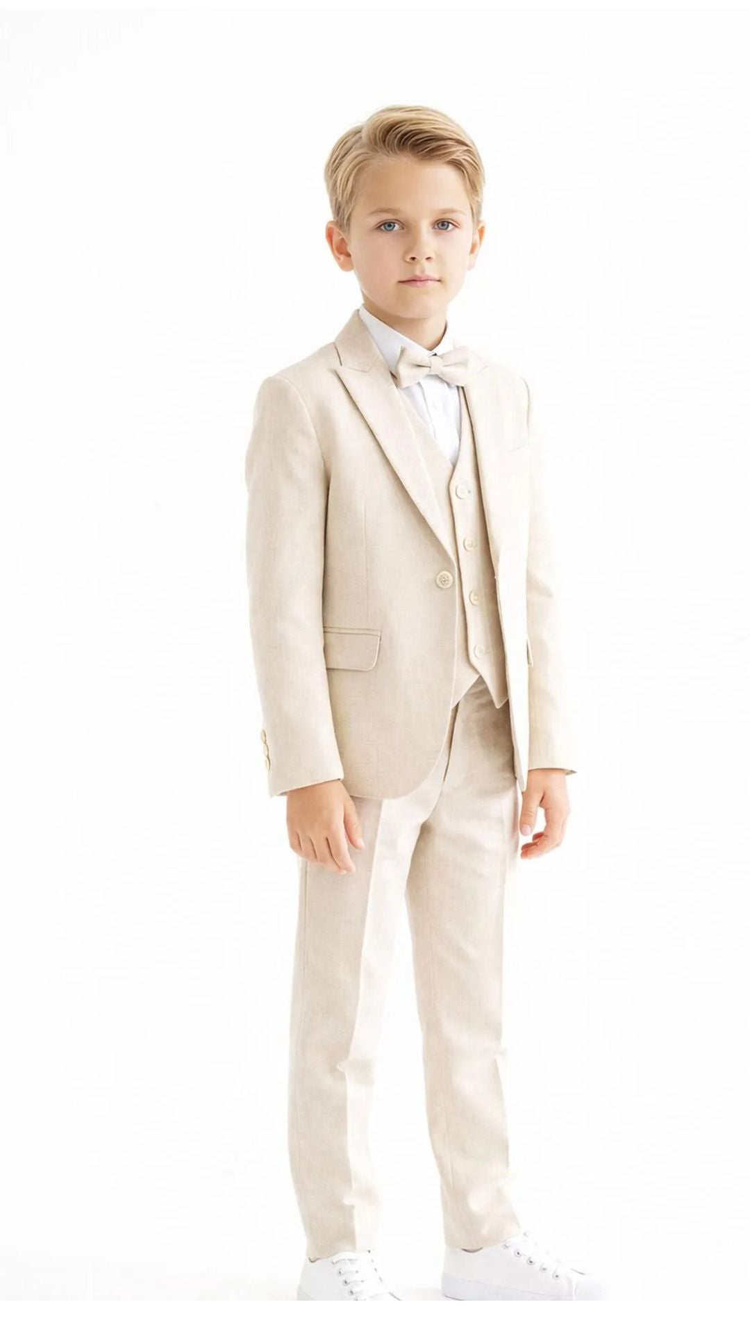 Boys’ Elegant Light Beige 5-Piece Suit with Bow Tie