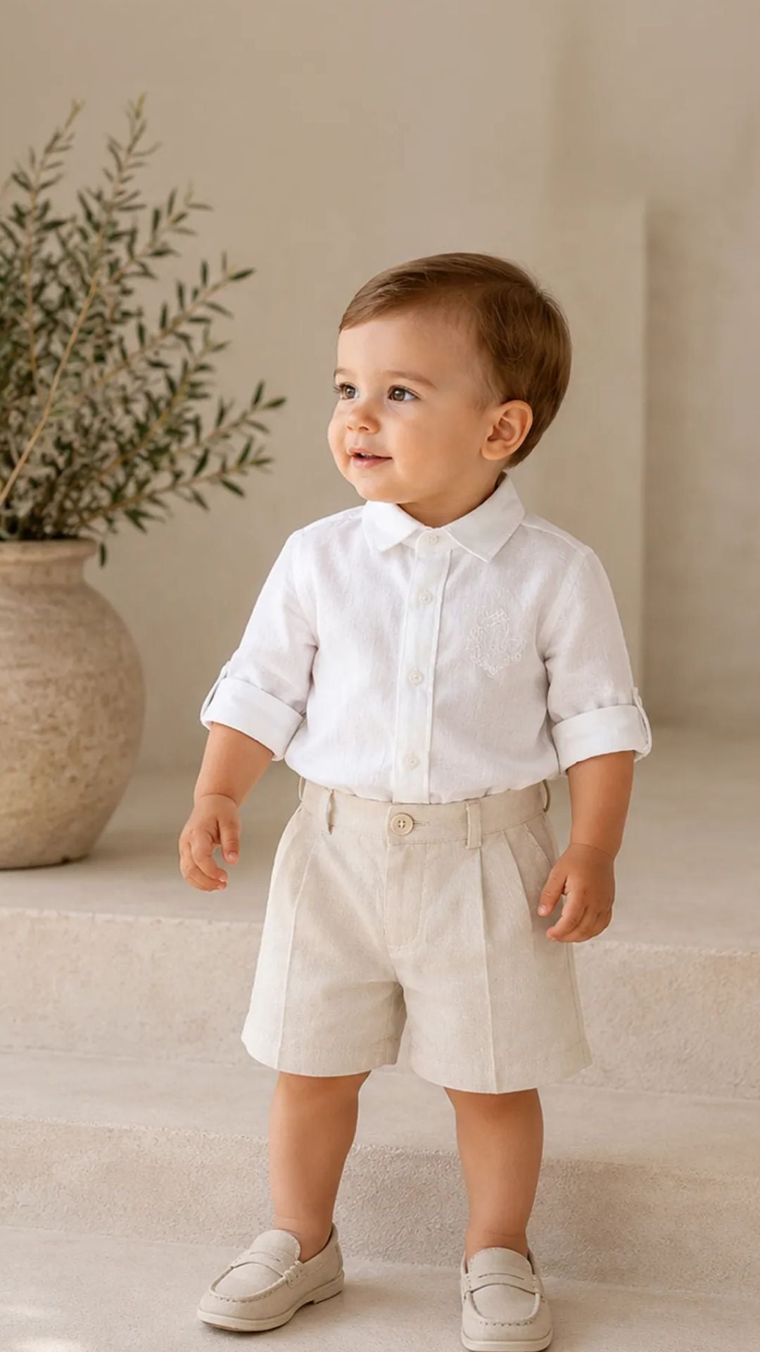 Boys’ White Shirt & Beige Linen Shorts Set