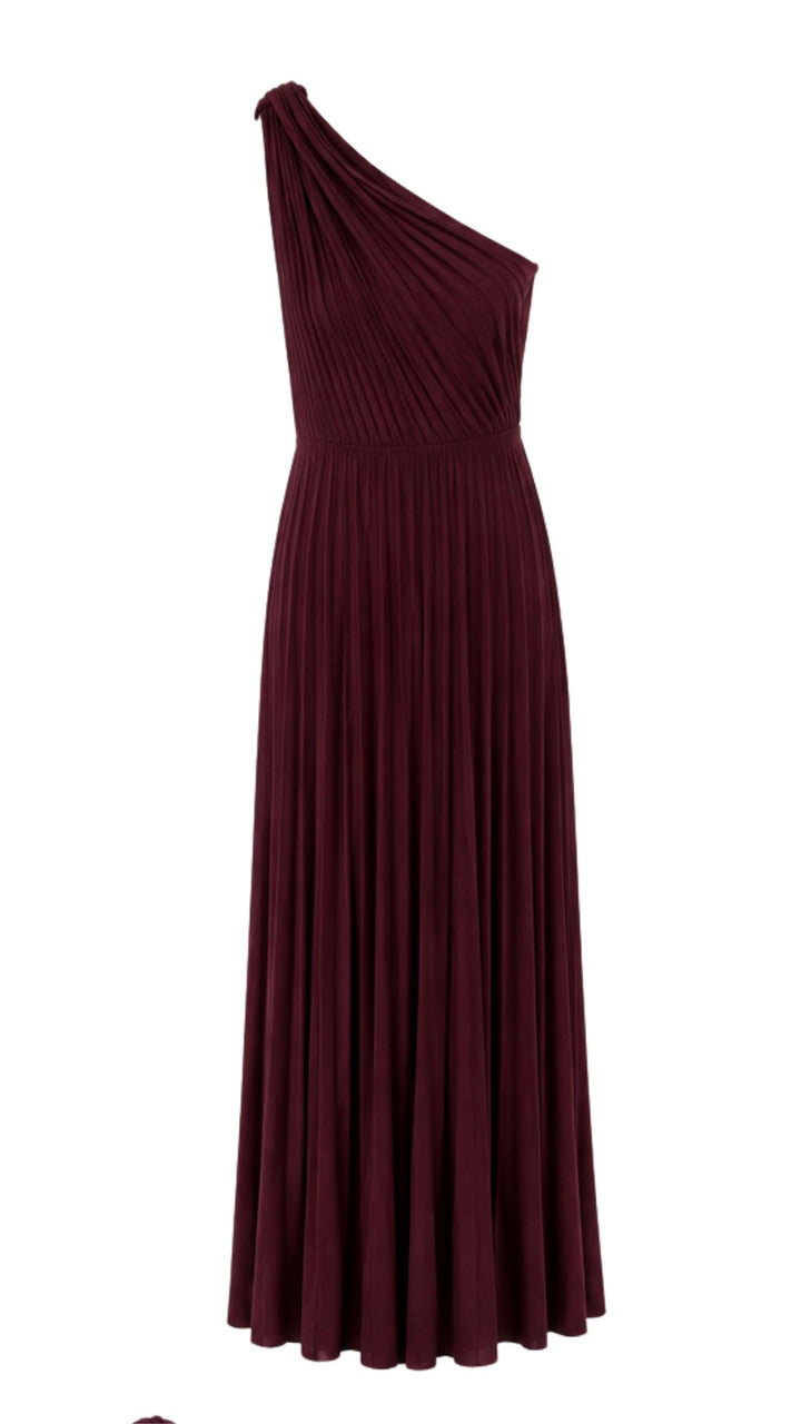 One-Shoulder Pleated Maxi Dress – Burgundy