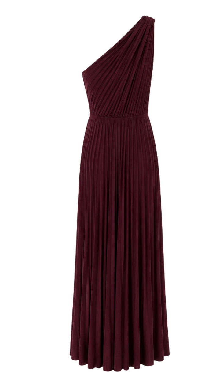 One-Shoulder Pleated Maxi Dress – Burgundy