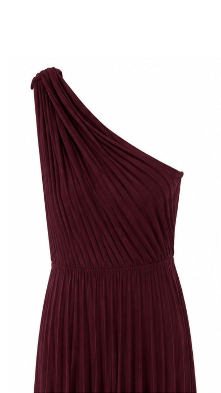 One-Shoulder Pleated Maxi Dress – Burgundy