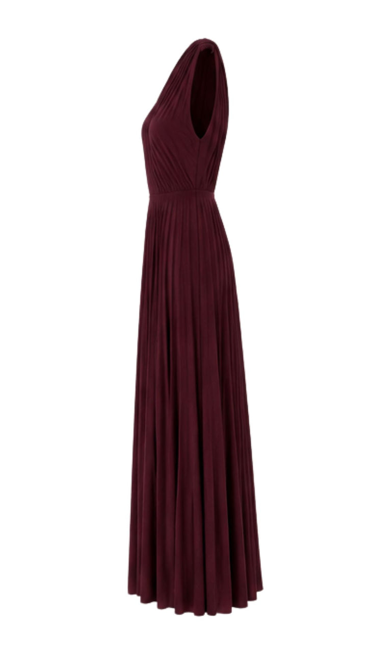 One-Shoulder Pleated Maxi Dress – Burgundy