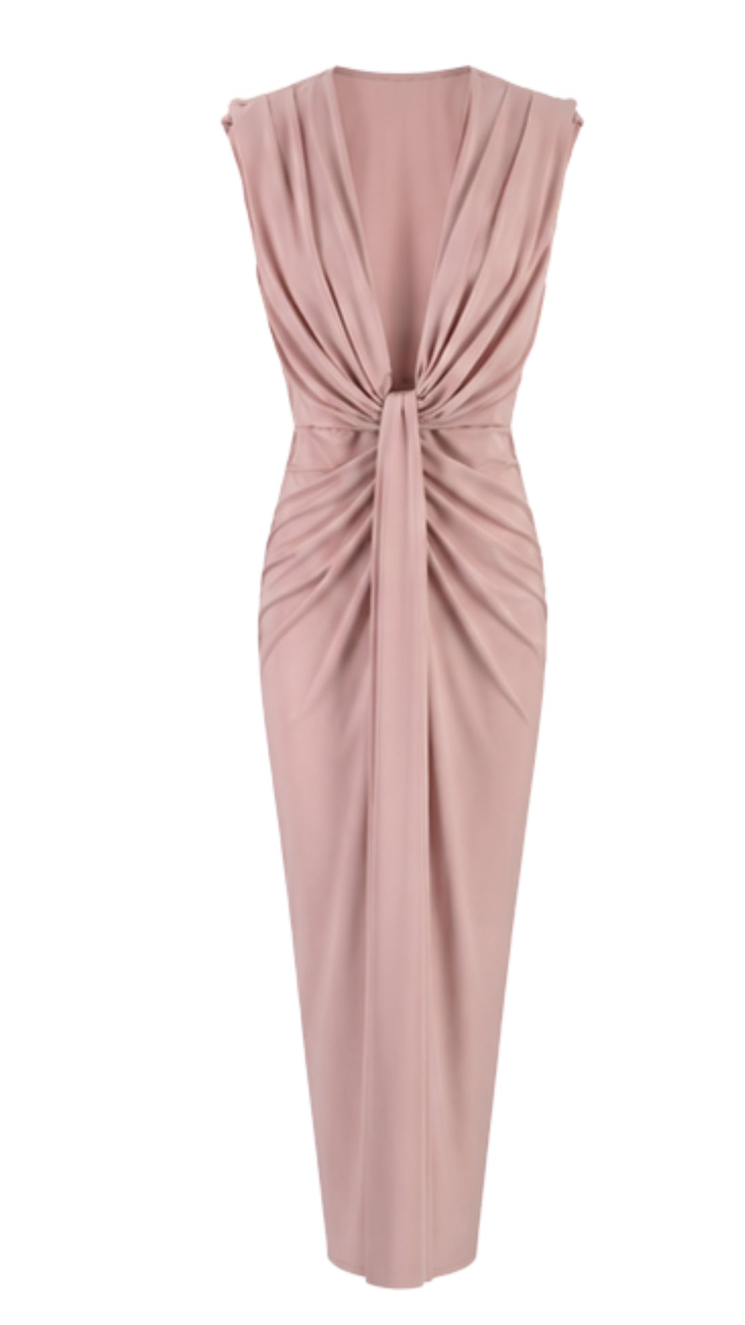 Elara Blush Pink Draped Midi Dress with Deep V-Neck