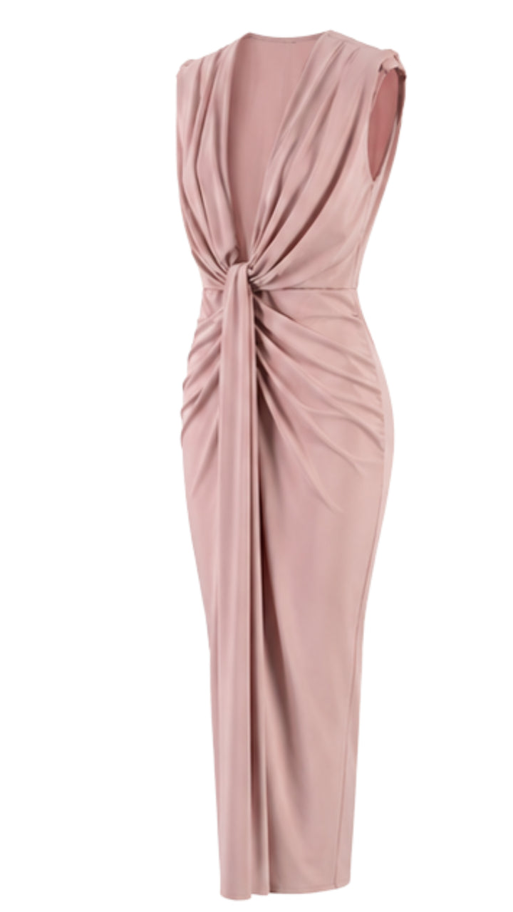 Elara Blush Pink Draped Midi Dress with Deep V-Neck