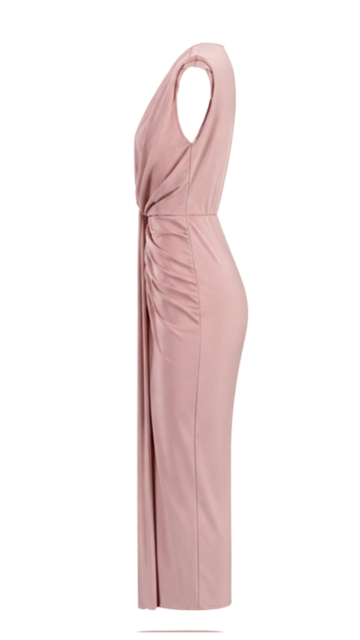 Elara Blush Pink Draped Midi Dress with Deep V-Neck