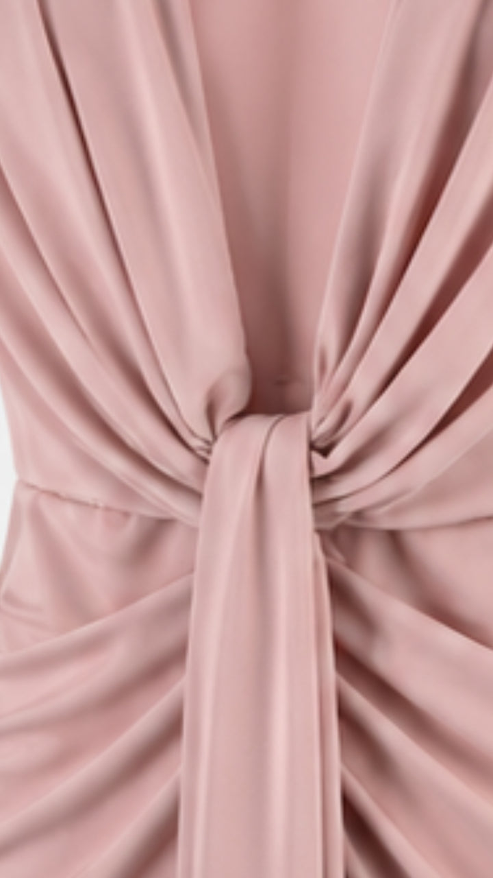 Elara Blush Pink Draped Midi Dress with Deep V-Neck