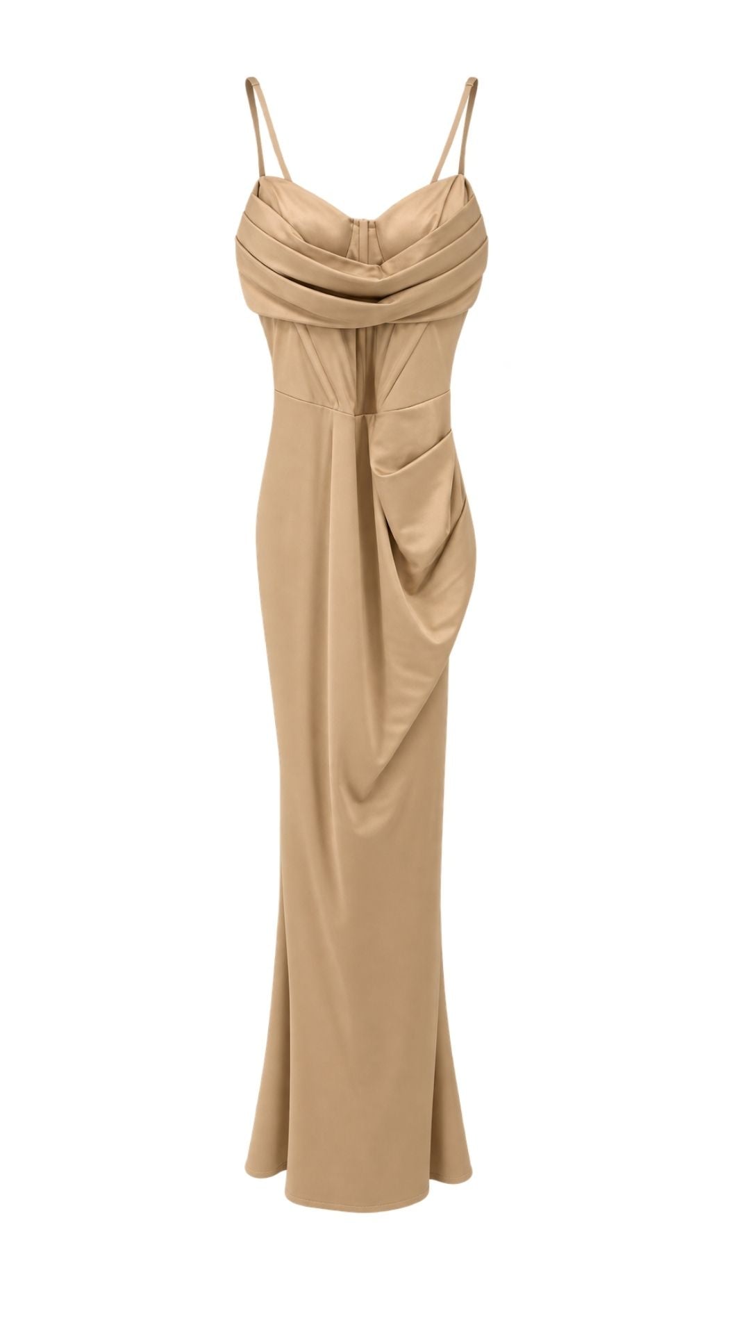 Elegant Draped Maxi Dress with Thin Straps – Beige