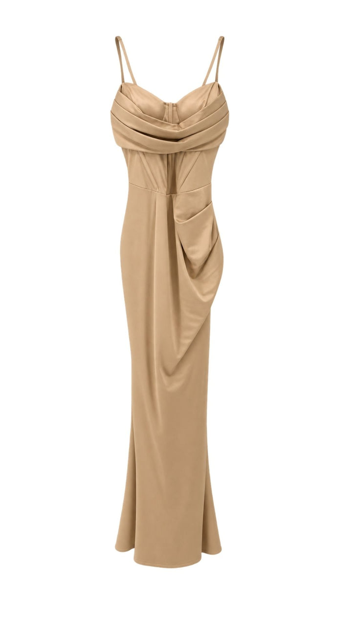 Elegant Draped Maxi Dress with Thin Straps – Beige