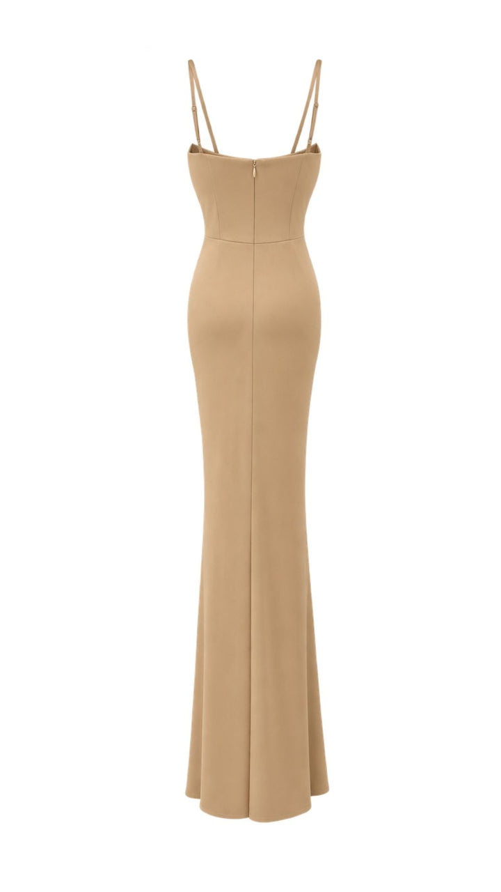 Elegant Draped Maxi Dress with Thin Straps – Beige