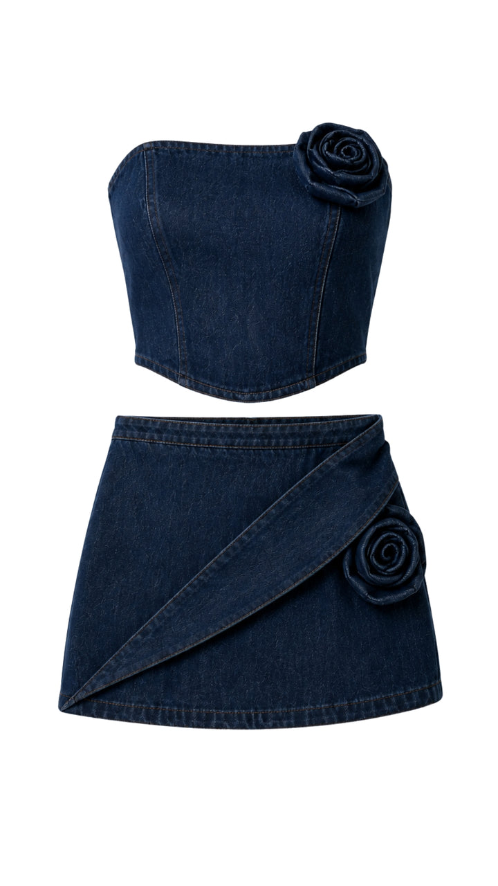 Women’s Dark Blue Denim Corset & Wrap Mini Skirt Set with Rose Detail