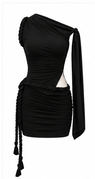 Women’s Black One-Shoulder Ruched Mini Dress with Cut-Out