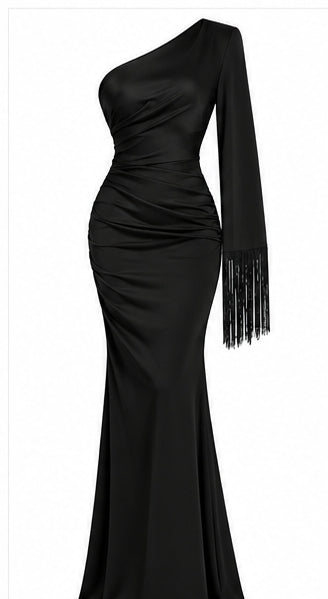 Women’s Black One-Shoulder Maxi Dress with Fringe Sleeve