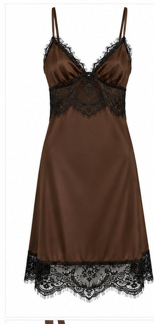 Women’s Chocolate Brown Satin Mini Dress with Black Lace