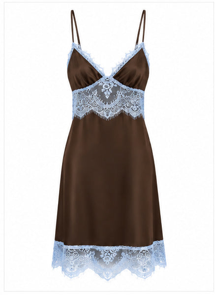 Women’s Chocolate Brown Satin Mini Dress with Blue Lace