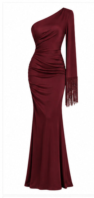 Burgundy One-Shoulder Maxi Dress with Fringe Sleeve