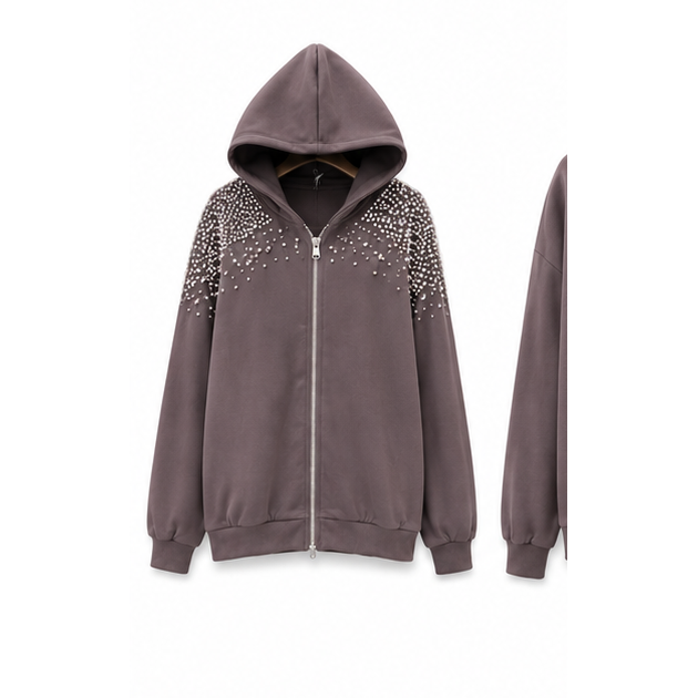 Mocha Rhinestone Embellished Zip-Up Hoodie