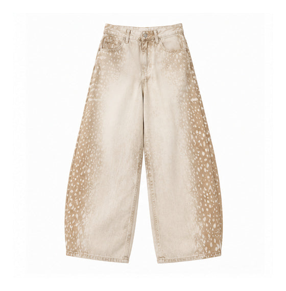 Women’s Beige Animal Print Barrel-Leg Jeans