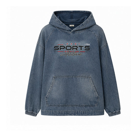Women’s Oversized Blue Denim Hoodie with Sports Print