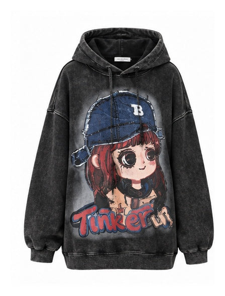 Washed Black Oversized Graphic Hoodie