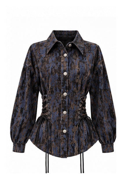 Women’s Printed Corset-Waist Shirt with Lace-Up Detail
