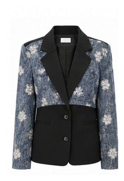 Denim & Black Tailored Blazer with Sequin Floral Embellishments