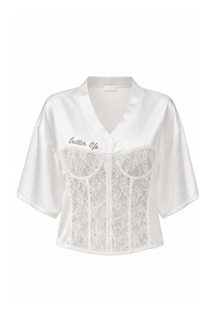 White Satin Lace Corset Top with Short Sleeves