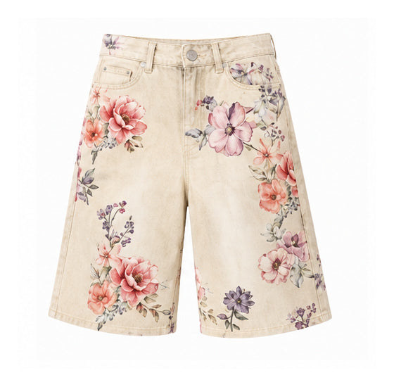 Beige Floral Print Denim Bermuda Shorts