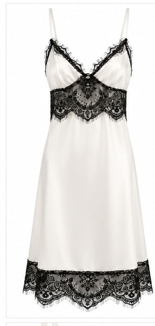 Women’s Ivory Satin Mini Dress with Black Lace