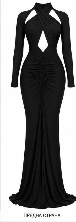 Black Ruched Cut-Out Long Sleeve Maxi Dress