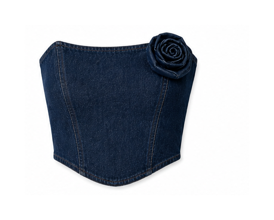 Women’s Dark Blue Denim Corset & Wrap Mini Skirt Set with Rose Detail