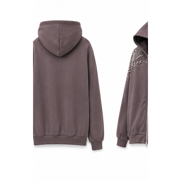 Mocha Rhinestone Embellished Zip-Up Hoodie