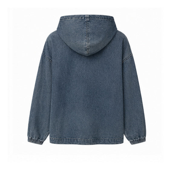 Women’s Oversized Blue Denim Hoodie with Sports Print