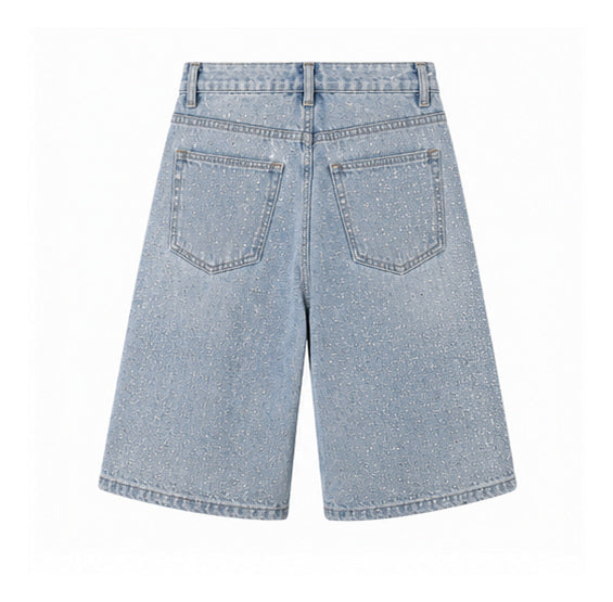 Light Blue Rhinestone Embellished Denim Bermuda Shorts